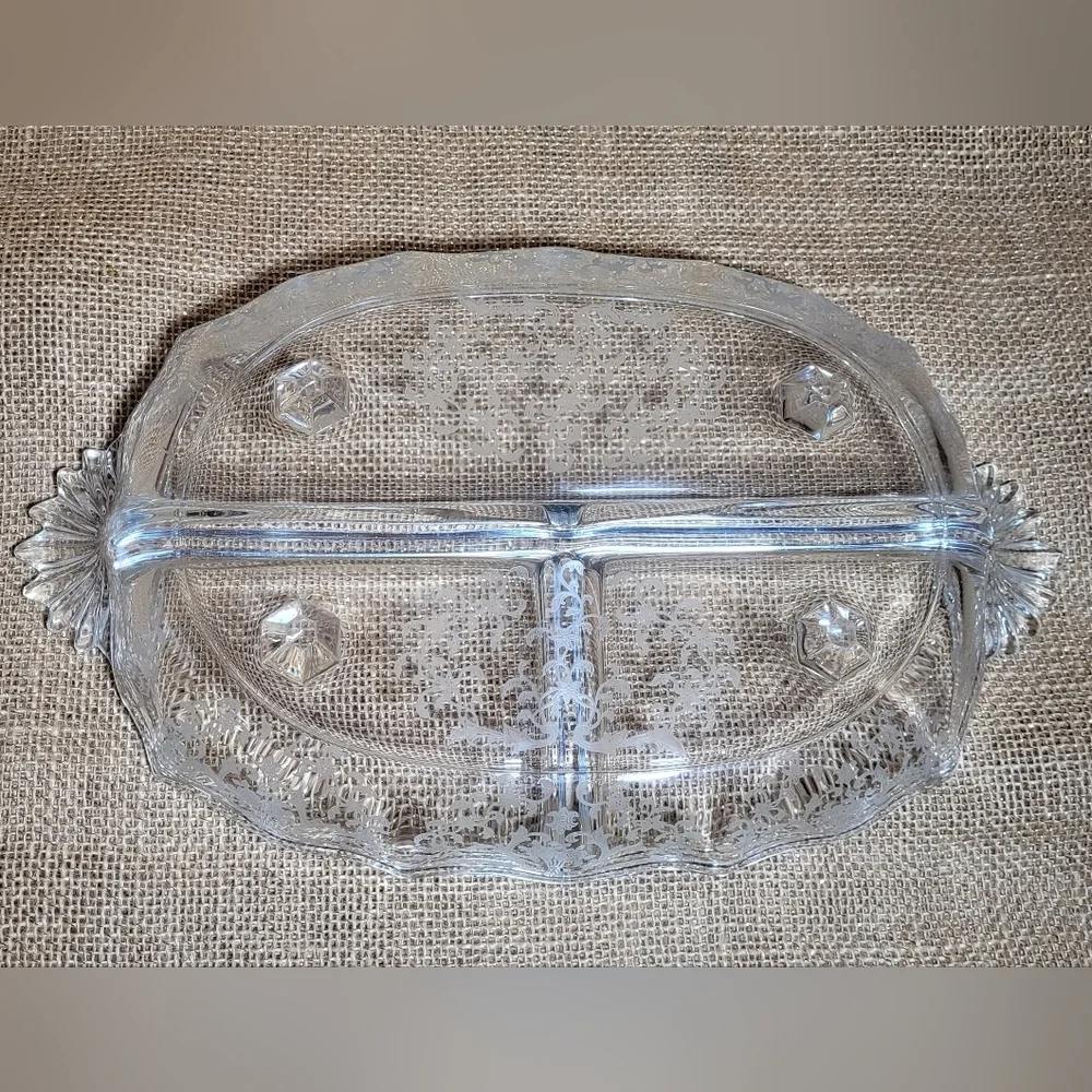 Vintage Fostoria Navarre Floral Etched Crystal 3 Part Relish Dish Footed Baroque